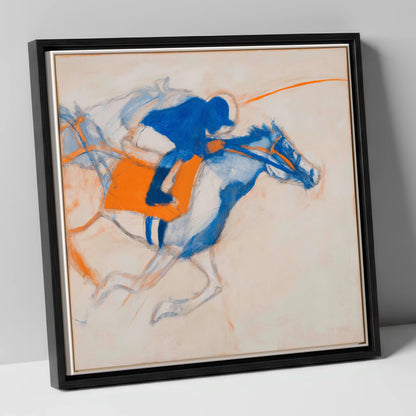 Gallop in Blue racing horse canvas wall art in black frame
