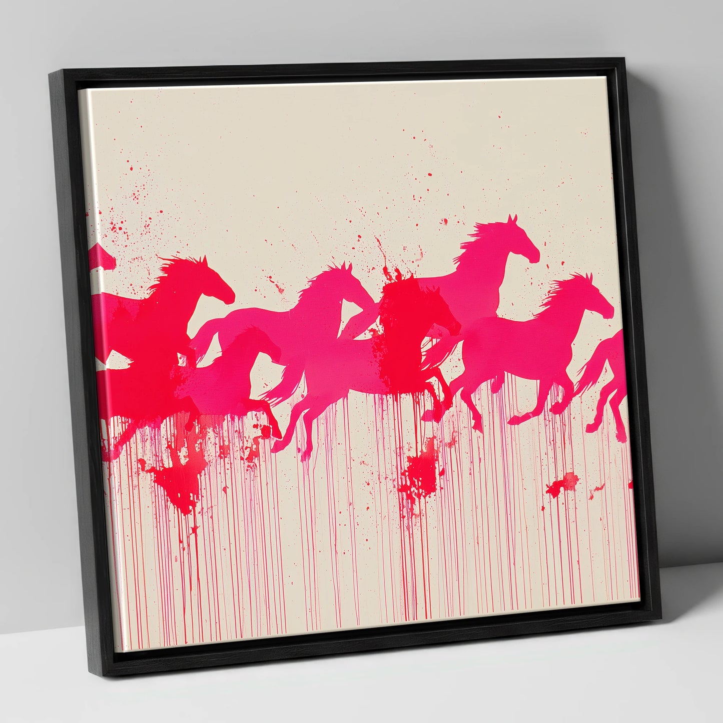 Vivid Magenta Herd wild horses canvas wall art in black frame