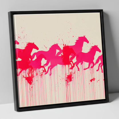 Vivid Magenta Herd wild horses canvas wall art in black frame
