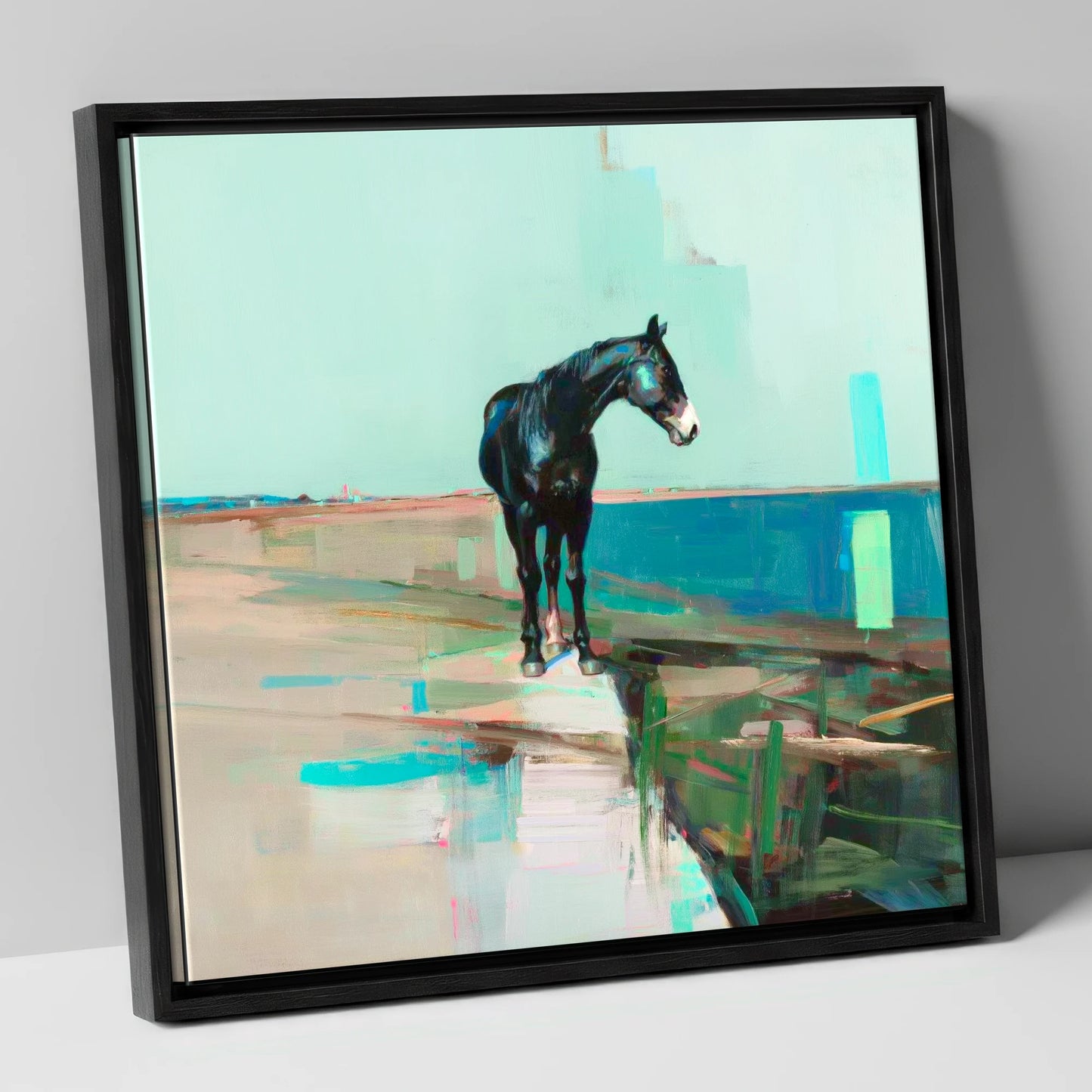Silent Teal Horizon horse landscape canvas wall art in black frame