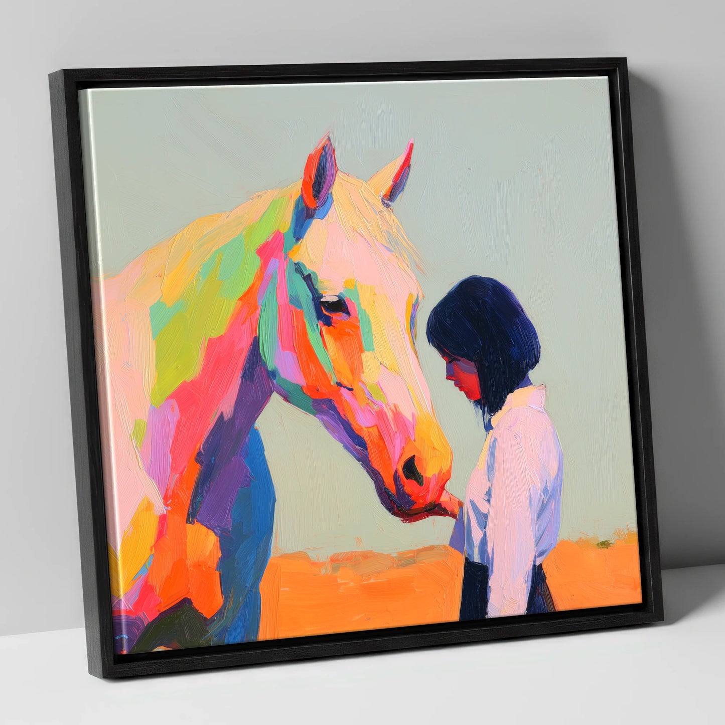 Vivid Connection horse & rider canvas wall art in black frame