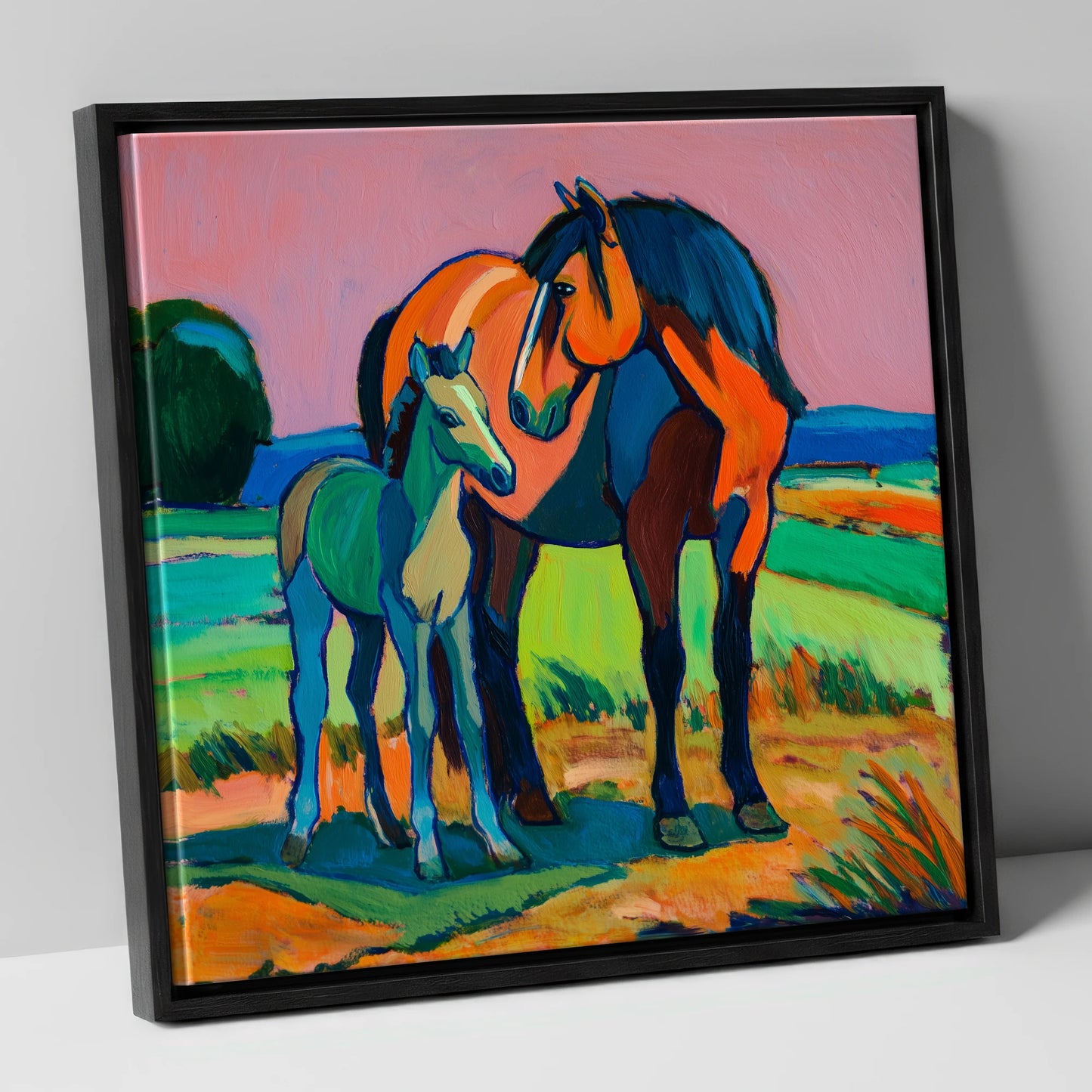 Vivid Bonds mare & foal canvas wall art in black frame