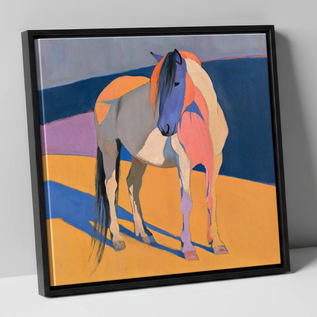 Vibrant Colour Block Standing Horse horse breed canvas wall art in black frame