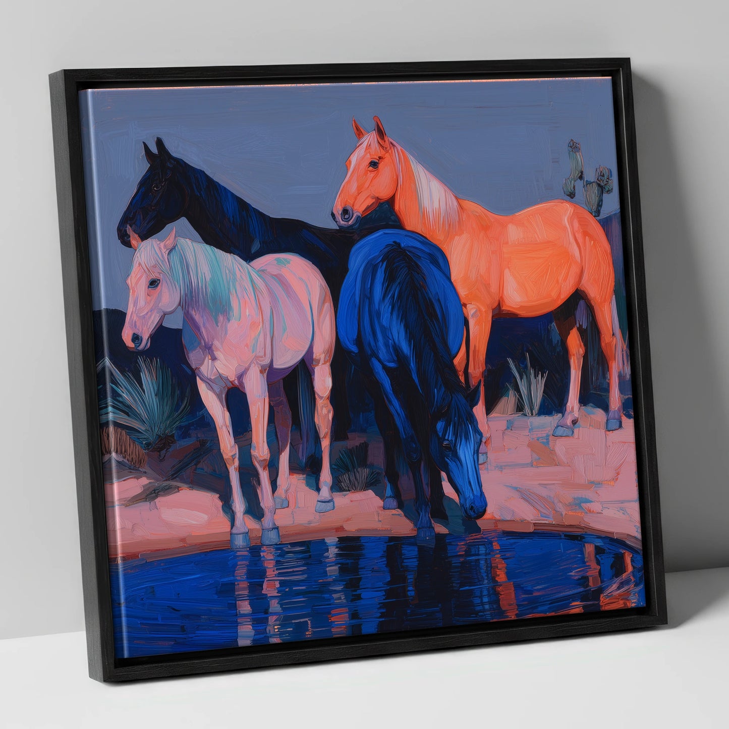 Vivid Desert Oasis wild horses canvas wall art in black frame