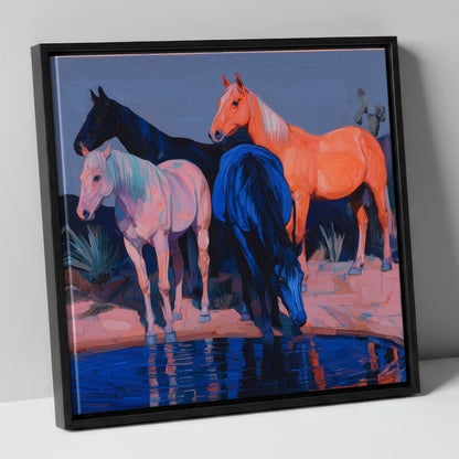 Vivid Desert Oasis wild horses canvas wall art in black frame