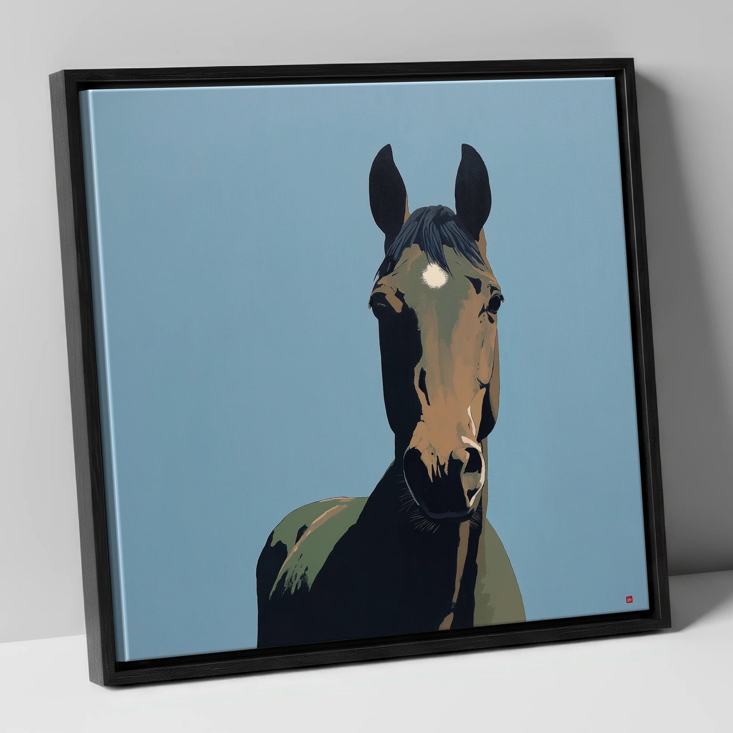 Bay Under Cerulean Sky horse portrait canvas wall art in black frame