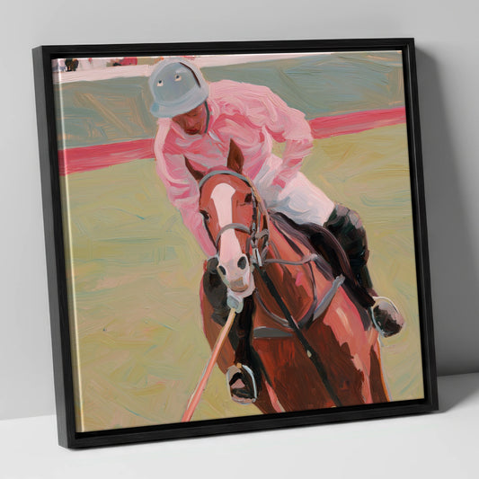 Dusty Pink Pursuit polo horse canvas wall art in black frame