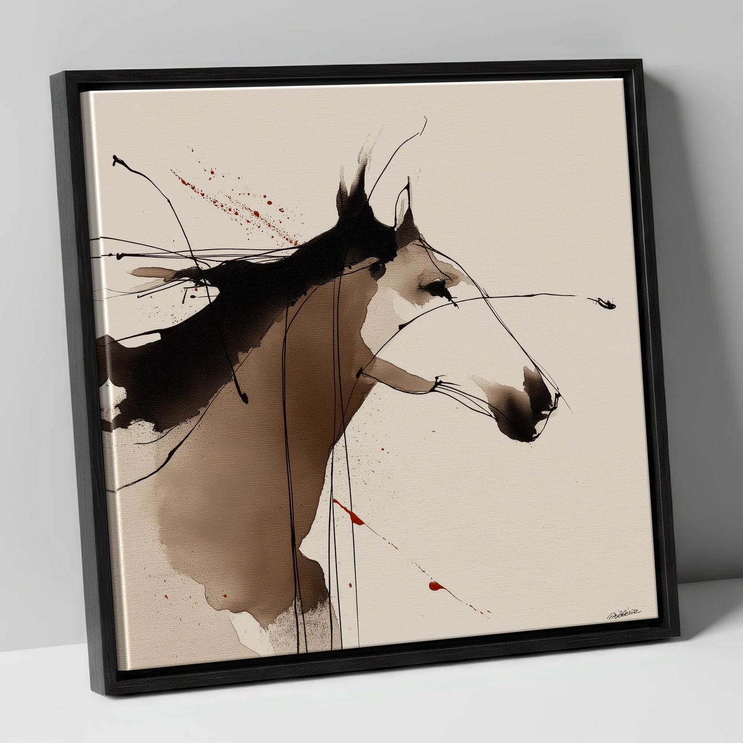 Expressive Ink Profile horse portrait canvas wall art in black frame