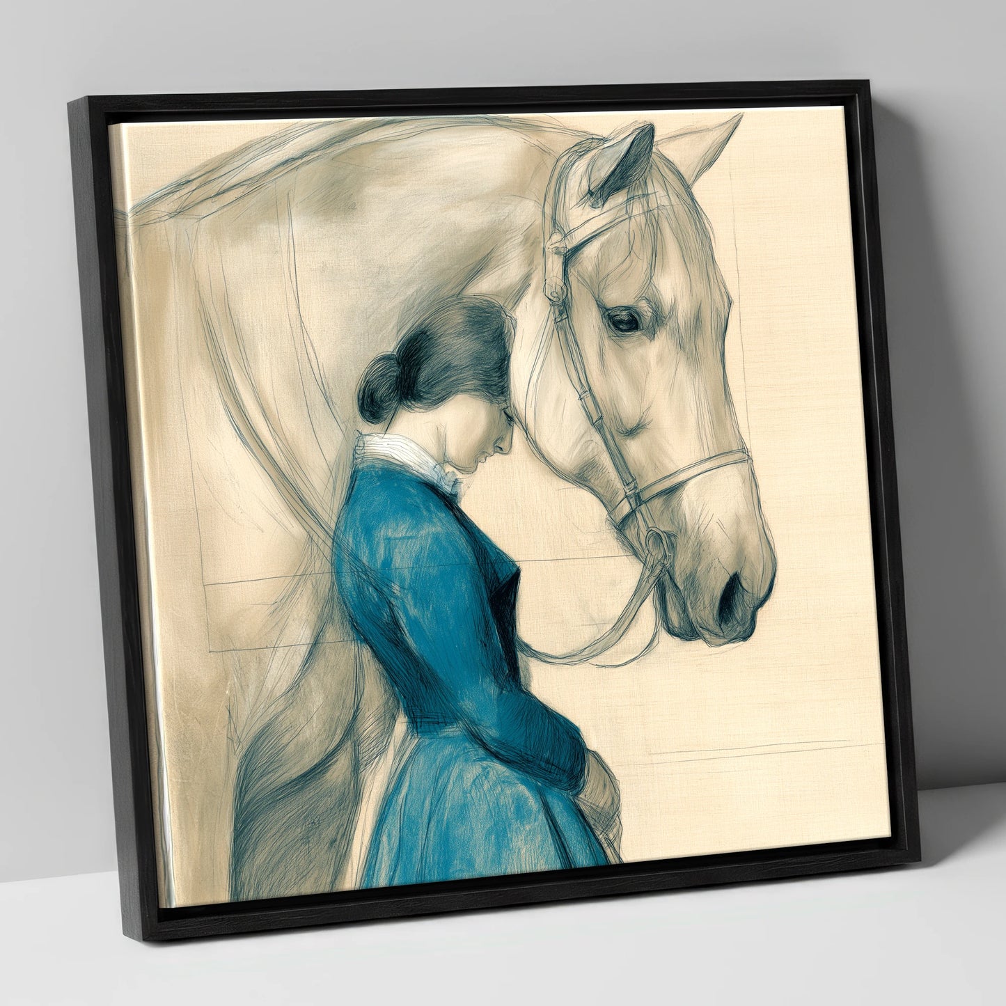 Solace in Stillness horse & rider canvas wall art in black frame