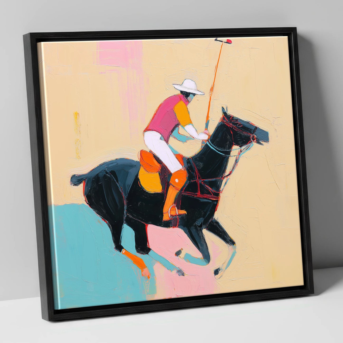 Vibrant Polo Strike polo horse canvas wall art in black frame