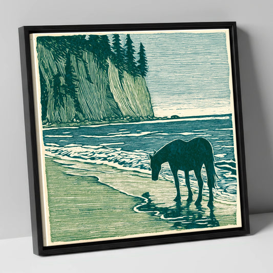 Coastal Waters Retreat horse landscape canvas wall art in black frame