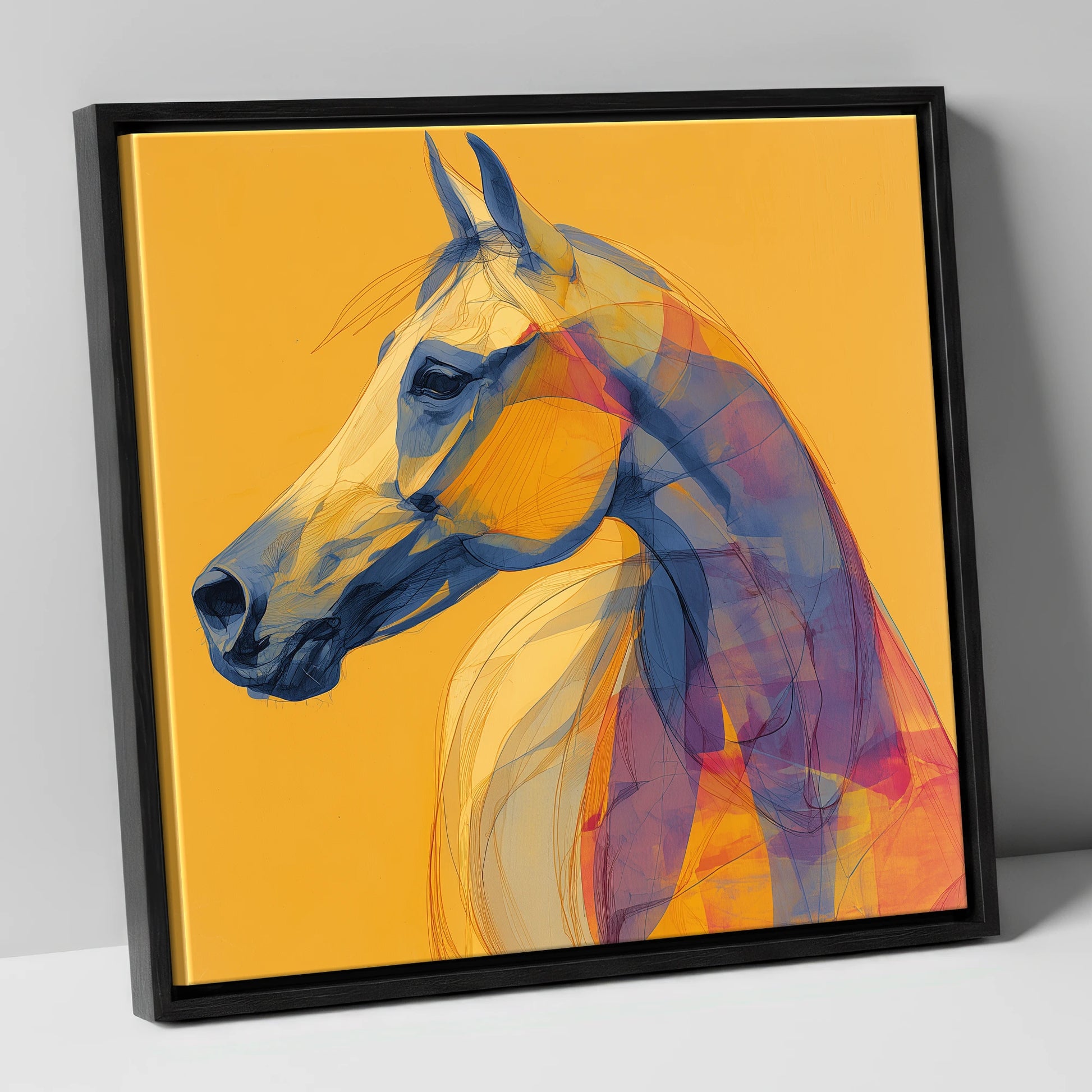 Cobalt and Gold Arabian horse breed canvas wall art in black frame