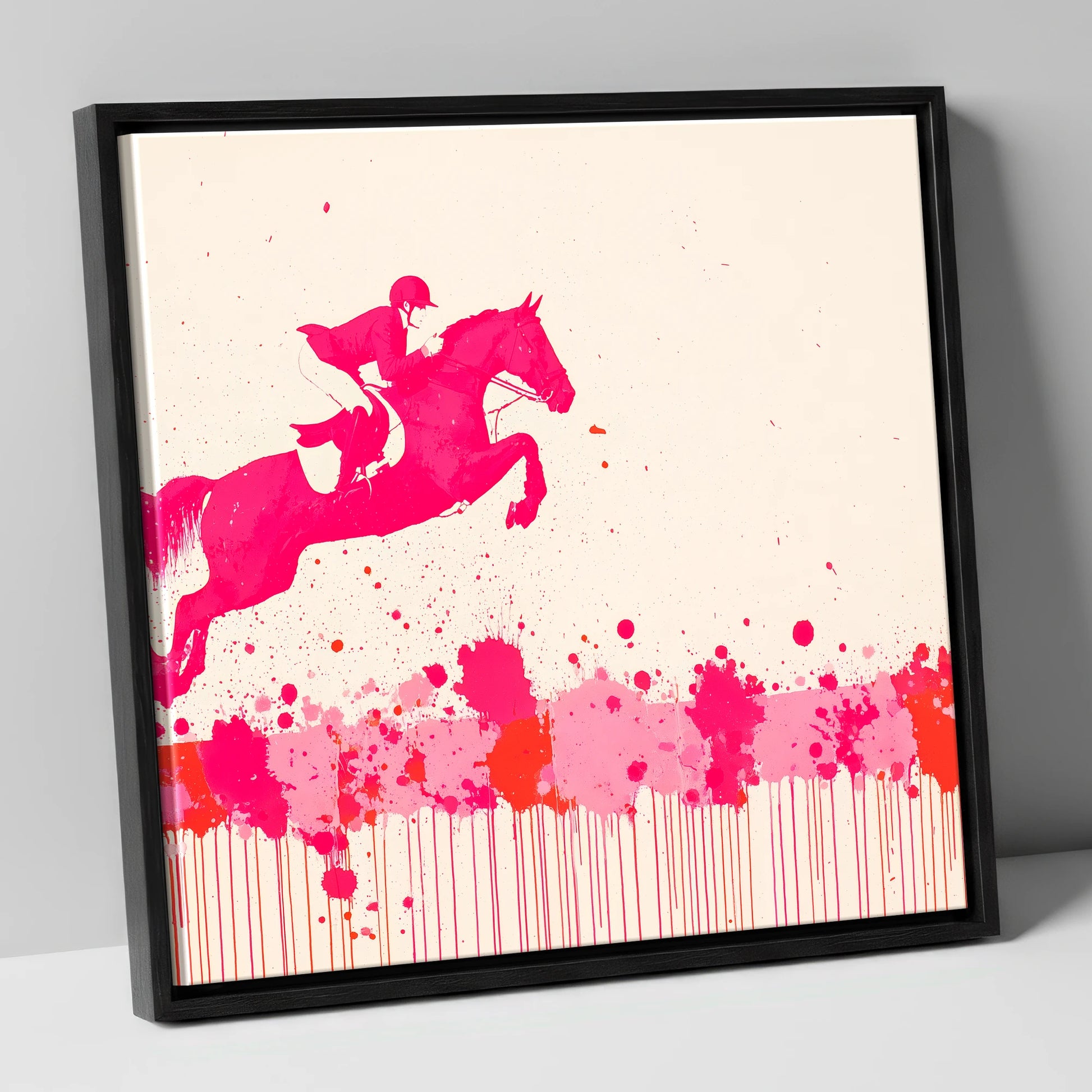 Magenta Flight show jumping horse canvas wall art in black frame