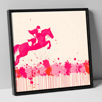 Magenta Flight show jumping horse canvas wall art in black frame