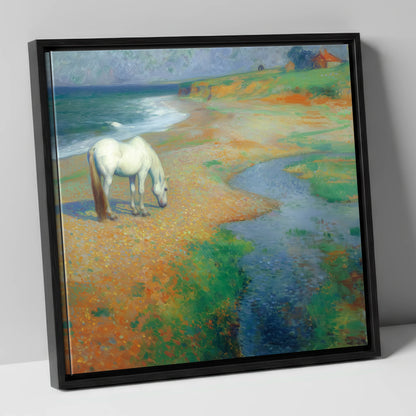 Vibrant Coastal Grazing horse landscape canvas wall art in black frame