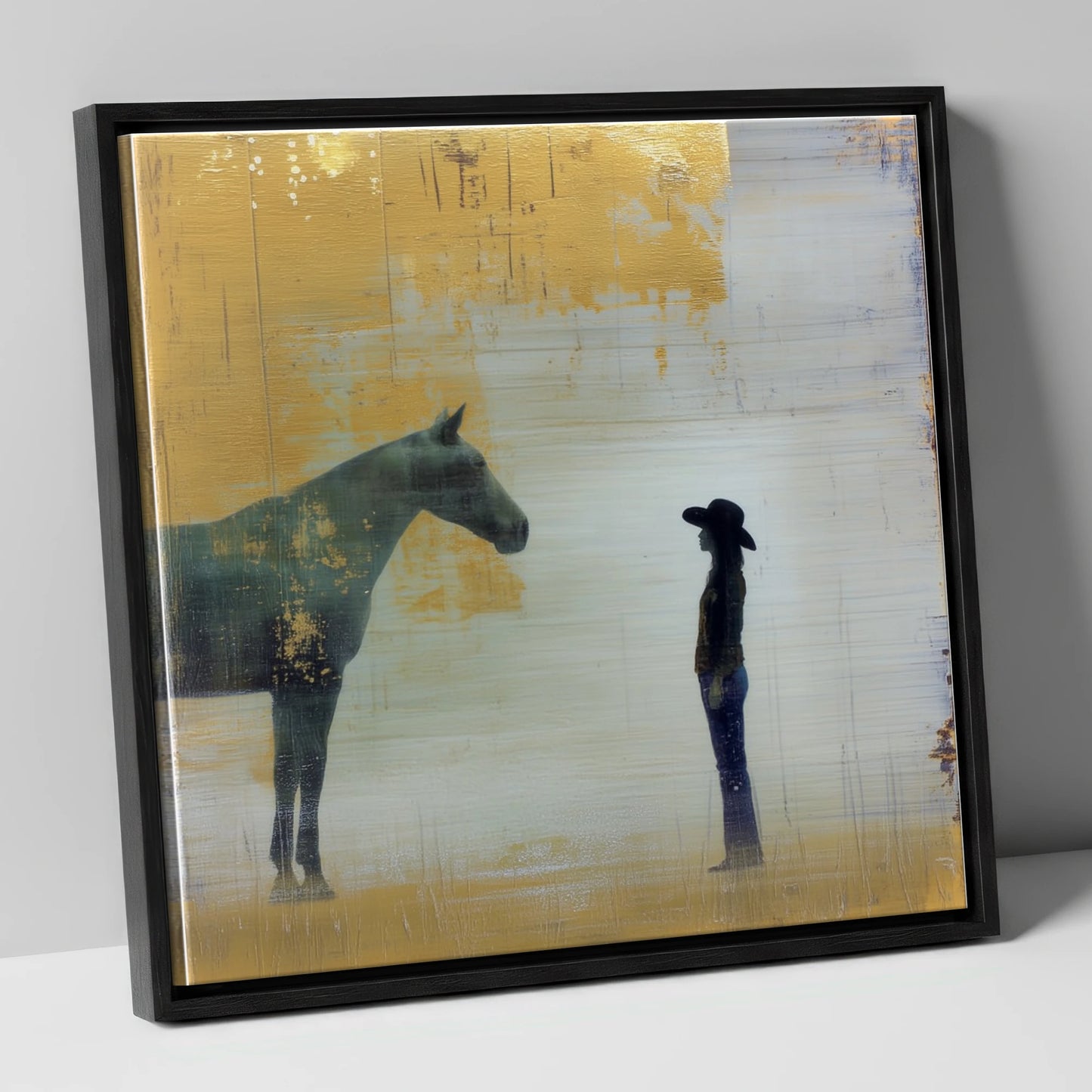 Golden Western Silhouette western horse canvas wall art in black frame