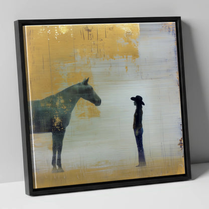 Golden Western Silhouette western horse canvas wall art in black frame