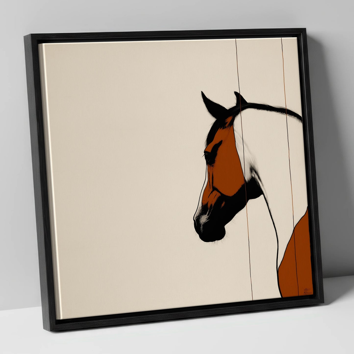 Minimalist Chestnut Silhouette horse portrait canvas wall art in black frame