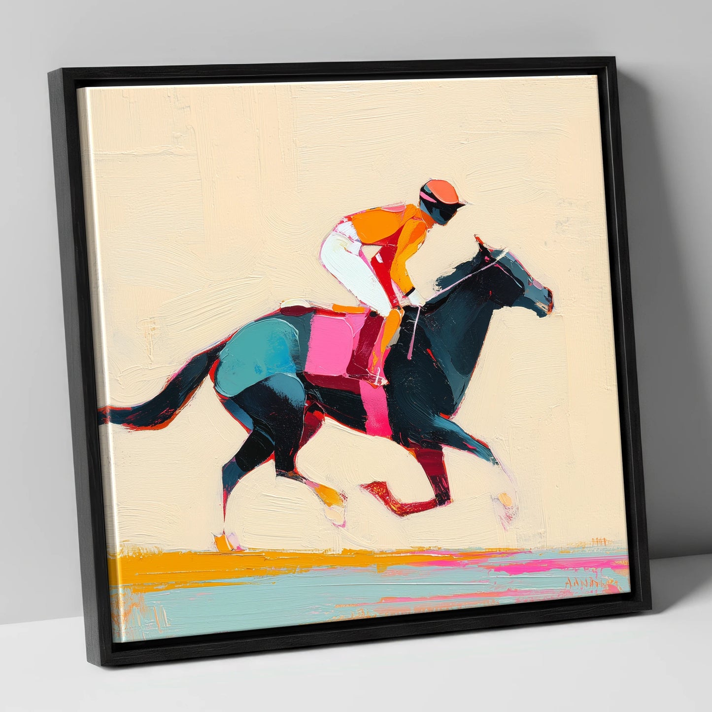 Colour on the Turf racing horse canvas wall art in black frame