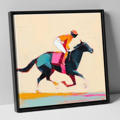 Colour on the Turf racing horse canvas wall art in black frame