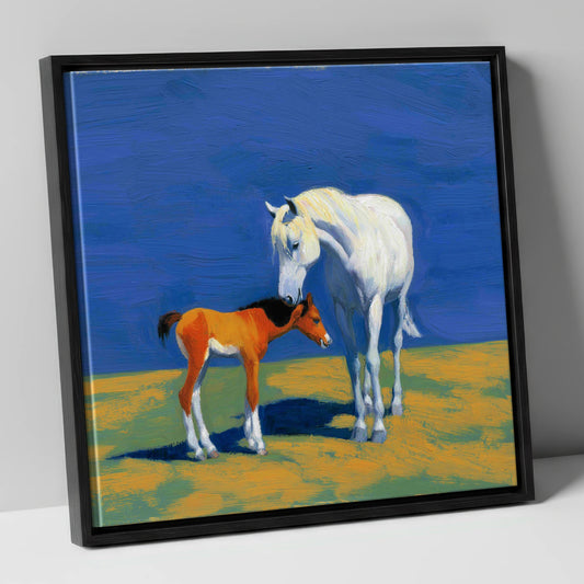 Sunlit Bond mare & foal canvas wall art in black frame