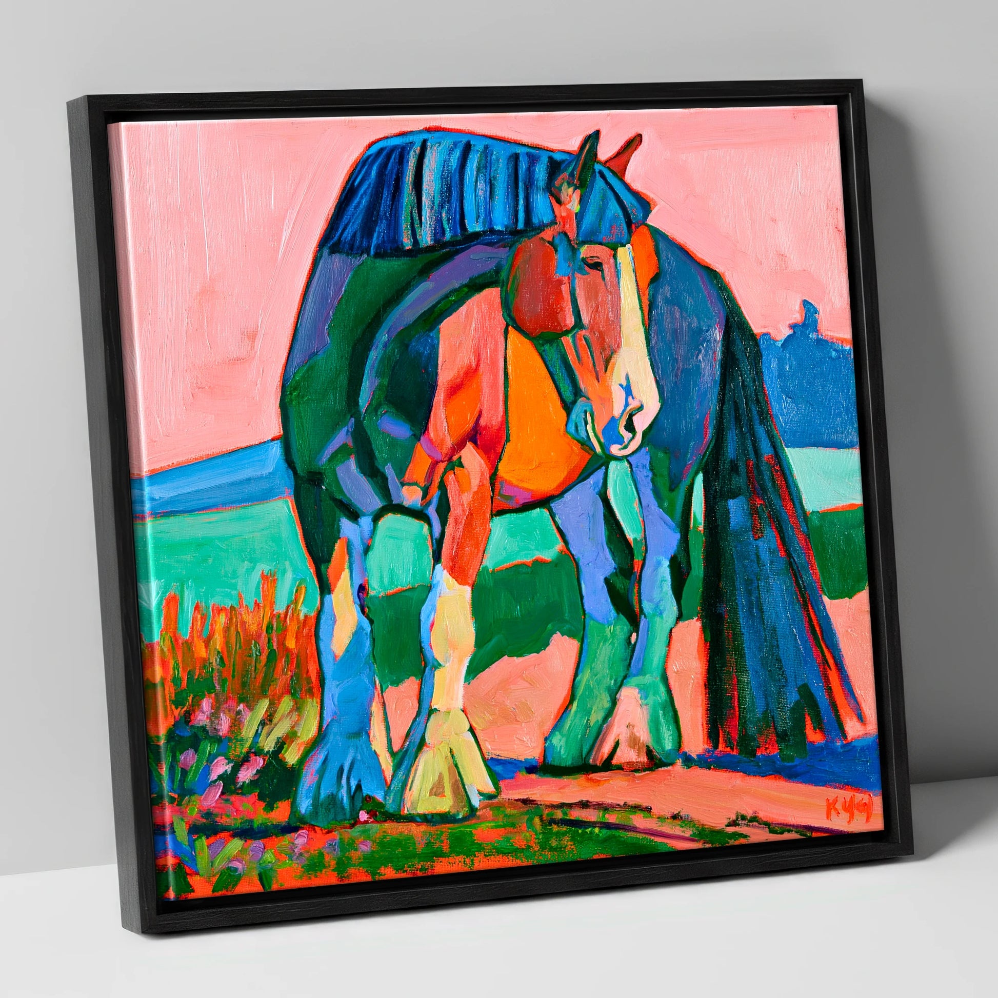 Colourful Shire Horse Portrait horse breed canvas wall art in black frame