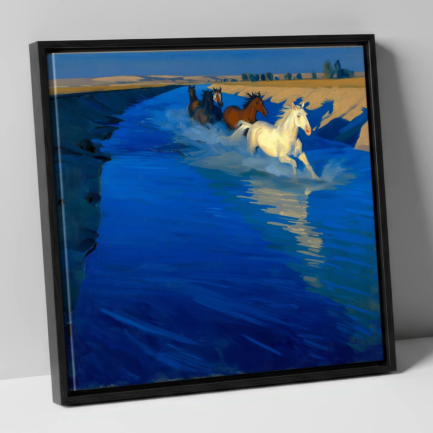 Azure Water Crossing wild horses canvas wall art in black frame