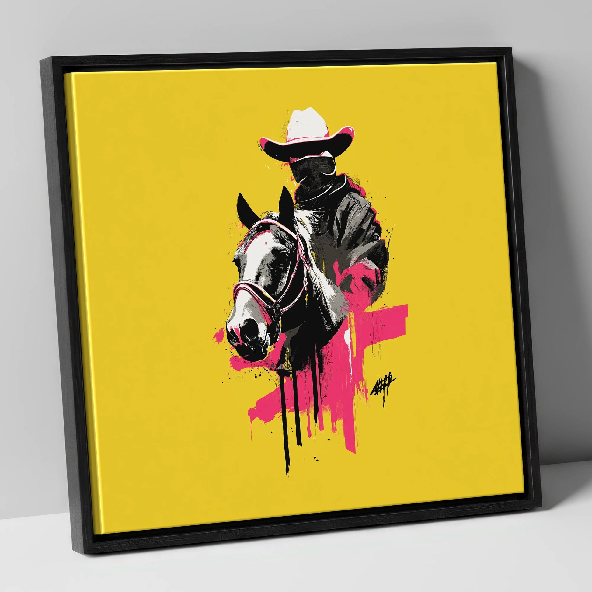 Magenta Western Rider western horse canvas wall art in black frame