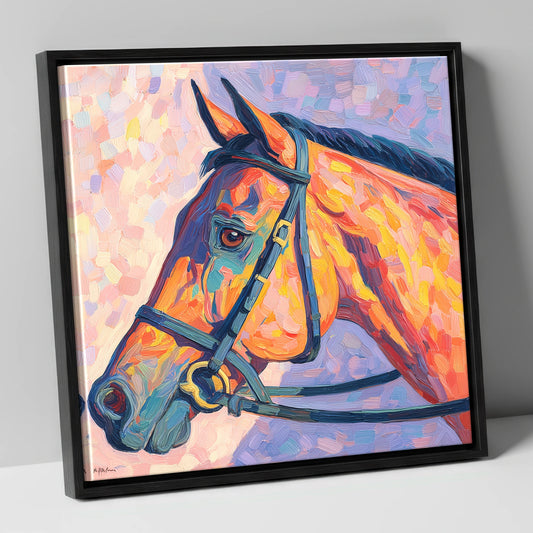 Vivid Equine Gaze racing horse canvas wall art in black frame