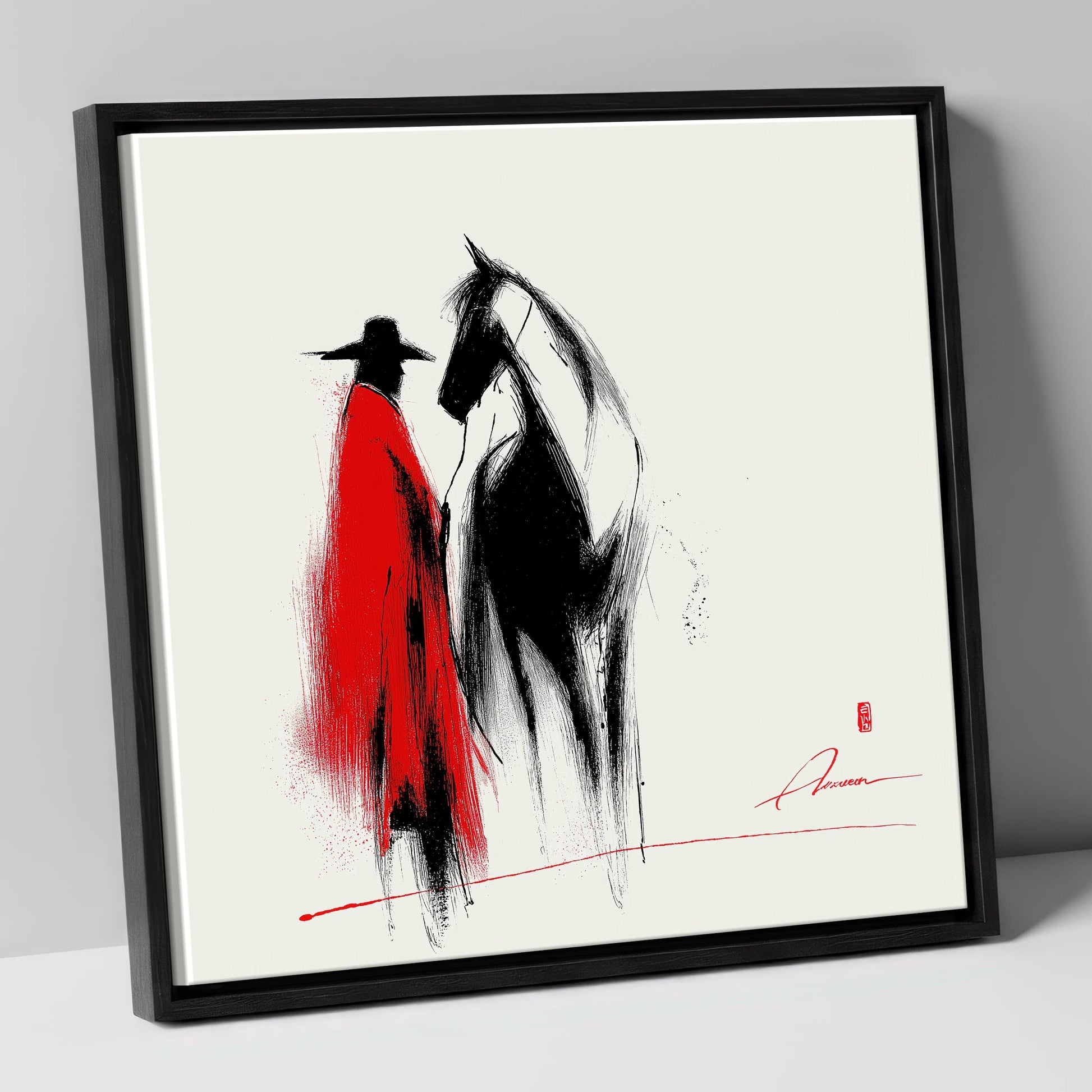 Crimson Western Silhouette western horse canvas wall art in black frame