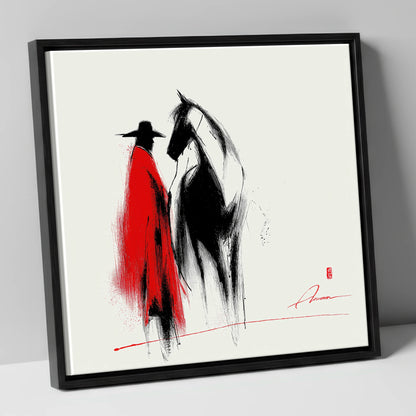 Crimson Western Silhouette western horse canvas wall art in black frame