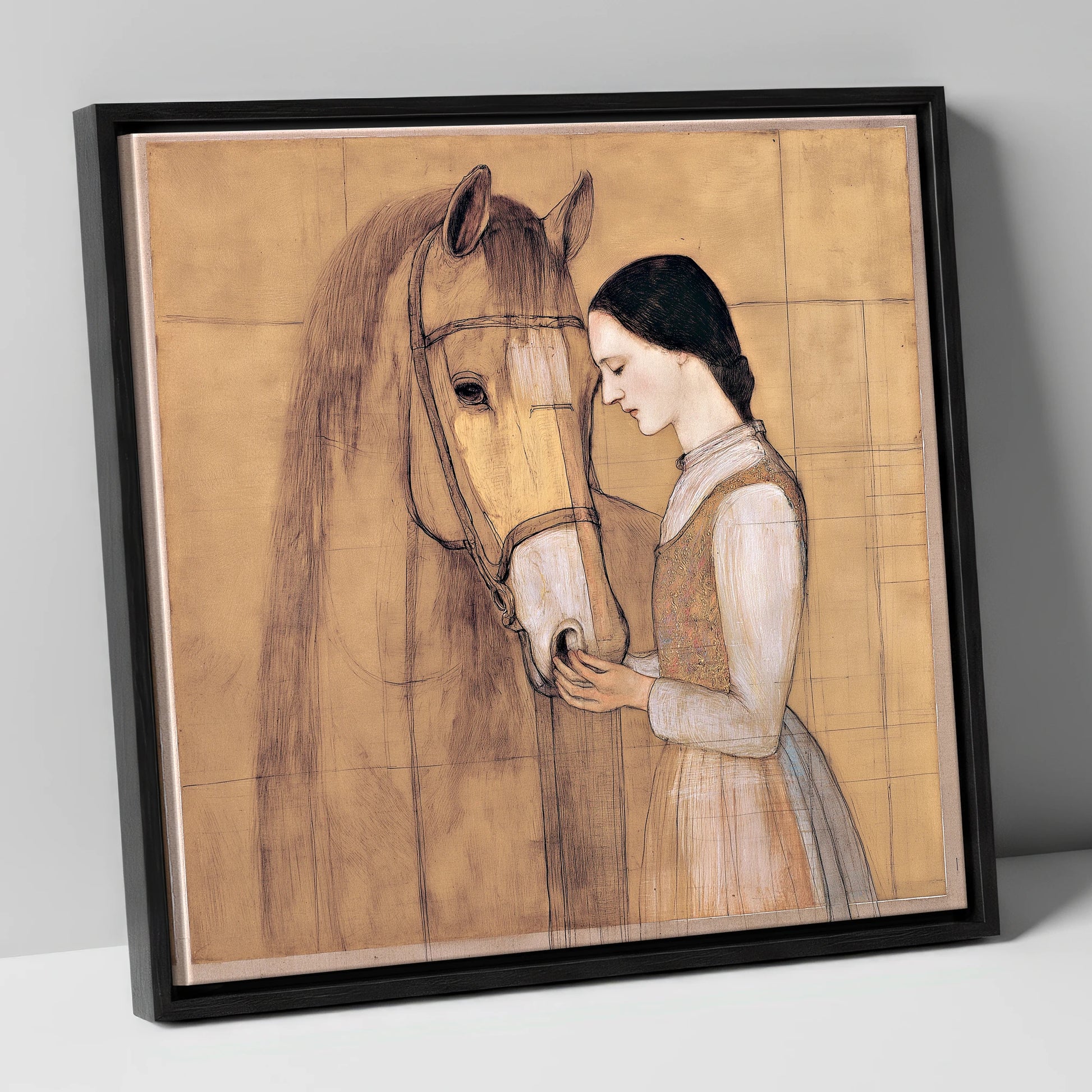Quiet Connection horse & rider canvas wall art in black frame