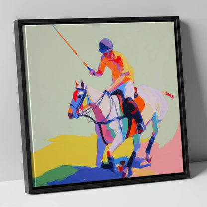 Vivid Midfield Strike polo horse canvas wall art in black frame