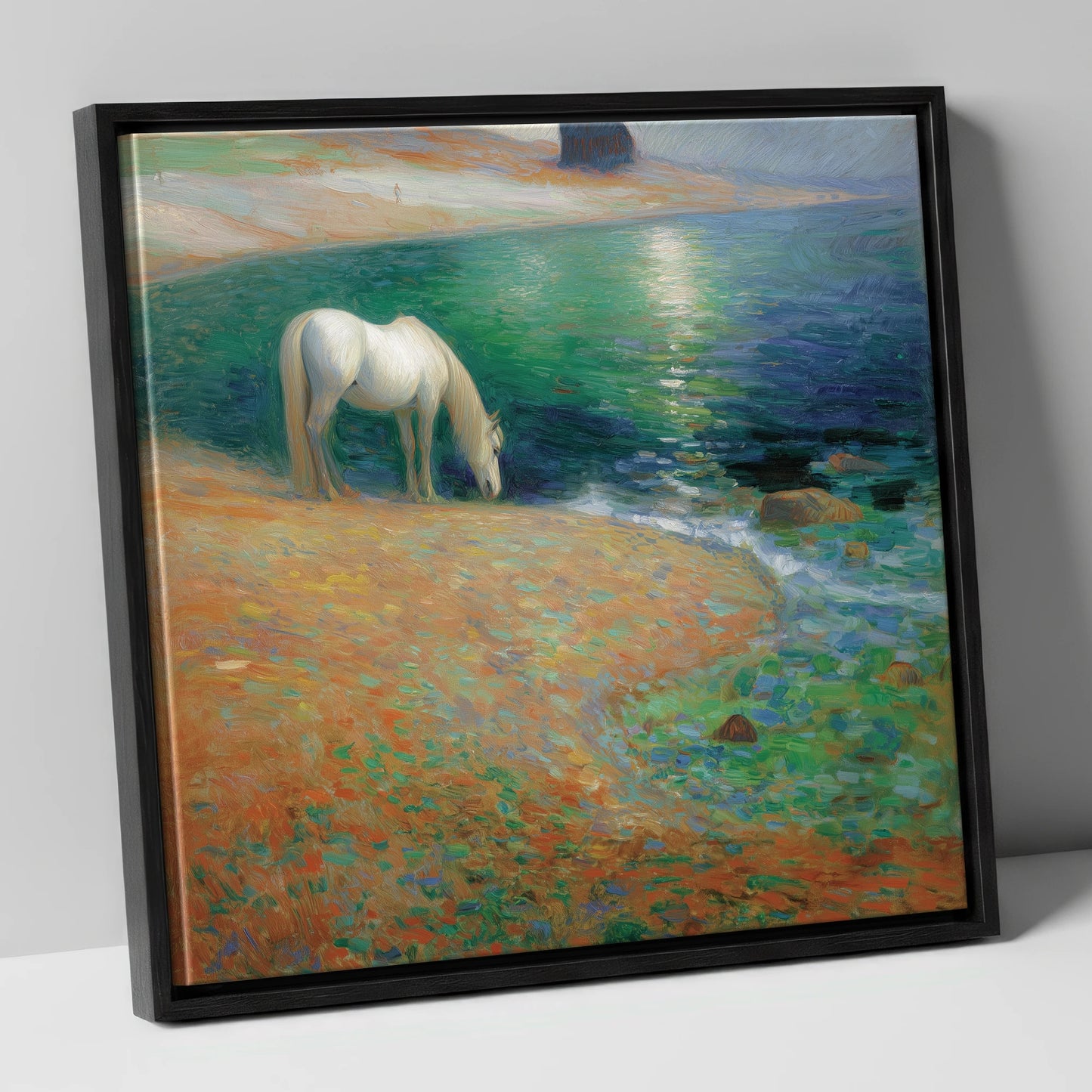 Luminous Coastal Shoreline horse landscape canvas wall art in black frame