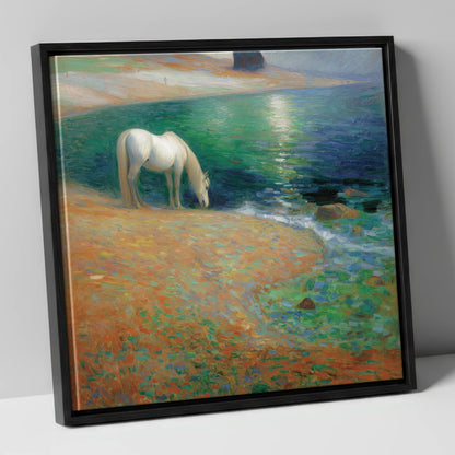 Luminous Coastal Shoreline horse landscape canvas wall art in black frame