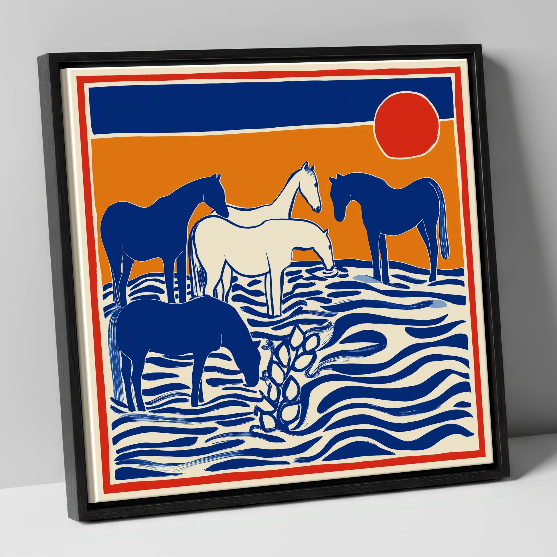 Wild Sapphire Shallows wild horses canvas wall art in black frame