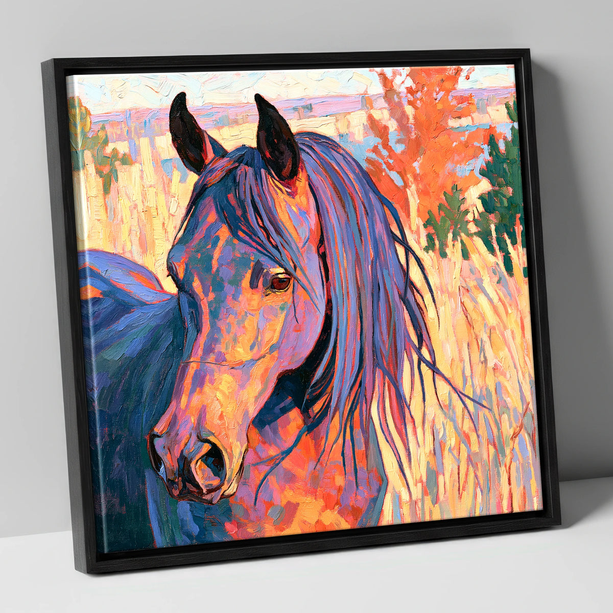 Colourful Horse in Autumn Grass horse breed canvas wall art in black frame