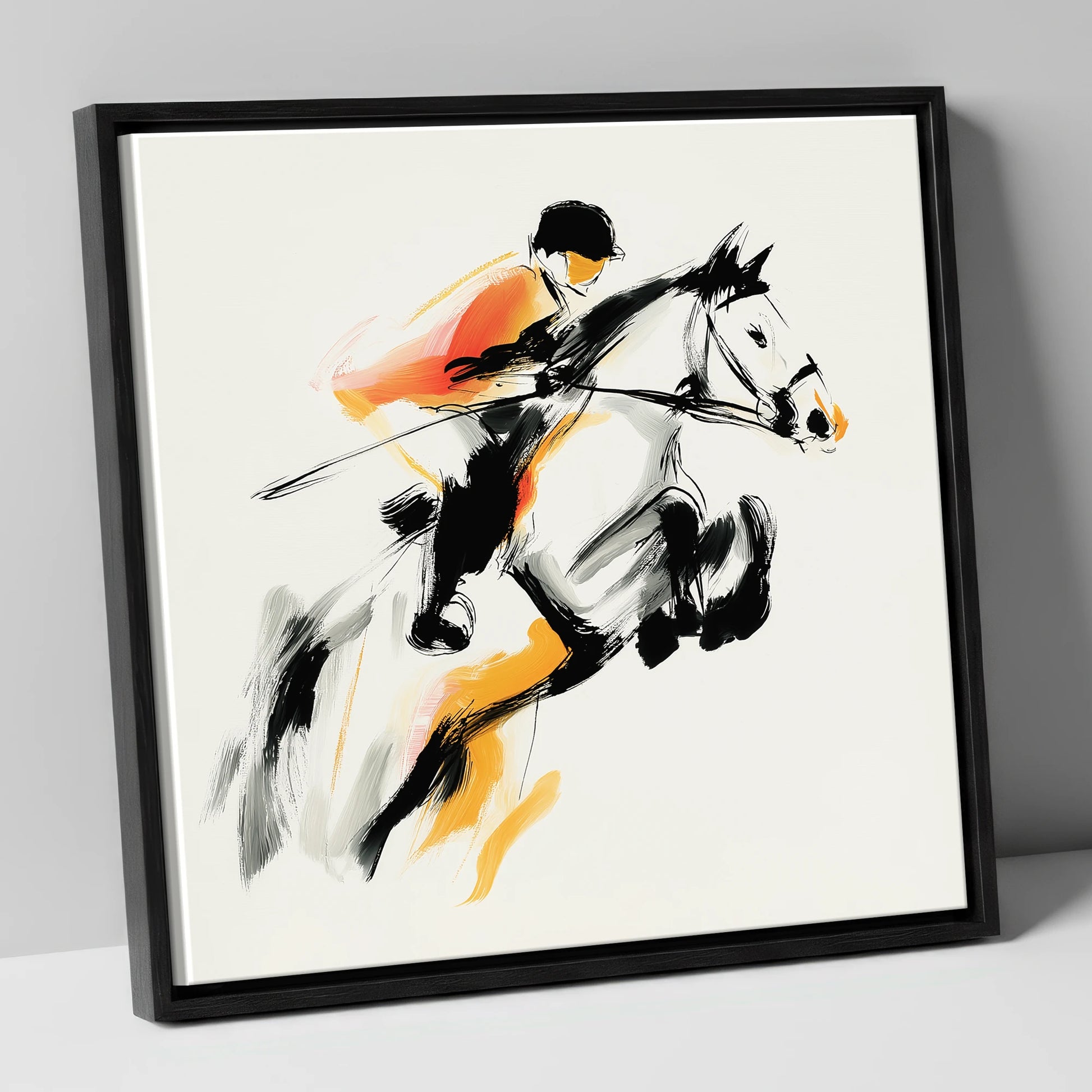 Suspended Momentum show jumping horse canvas wall art in black frame