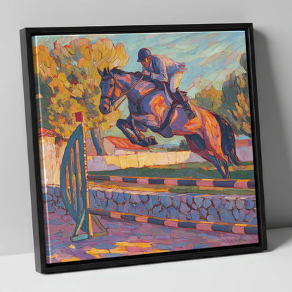 Sunset Flight show jumping horse canvas wall art in black frame