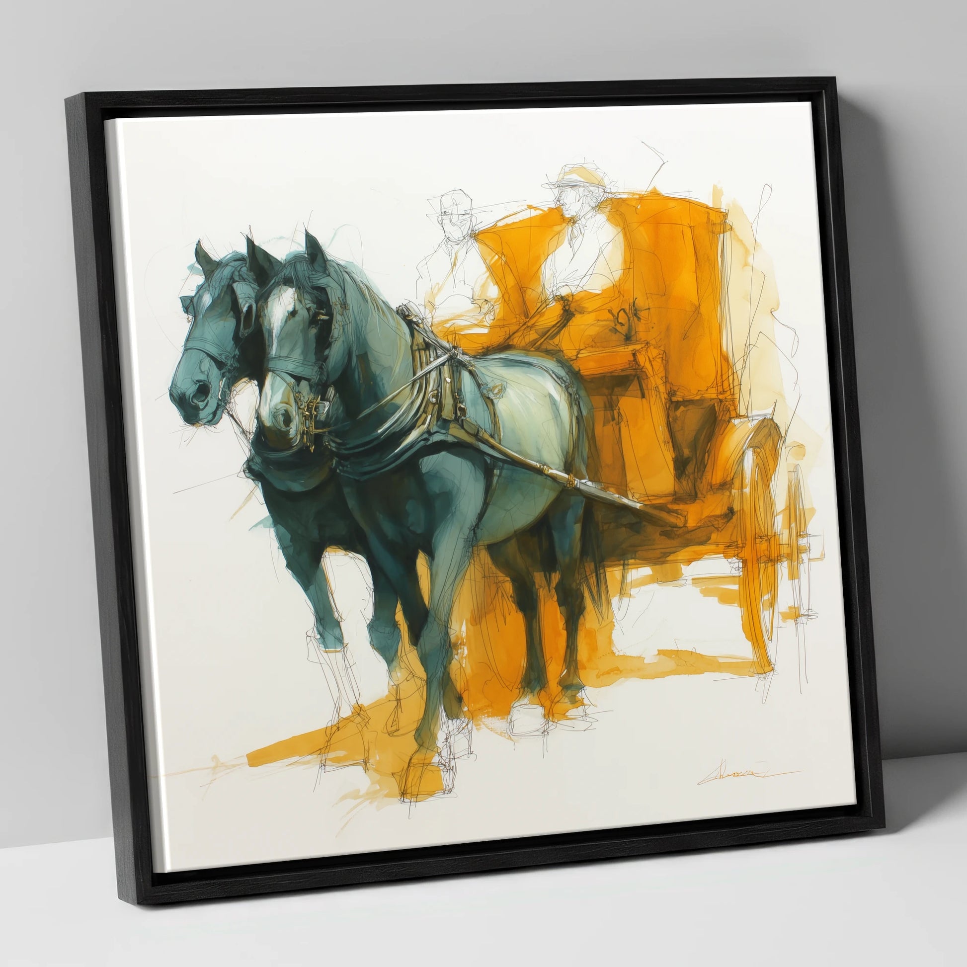 The Amber Carriage Pair working horse canvas wall art in black frame