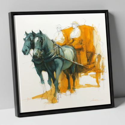 The Amber Carriage Pair working horse canvas wall art in black frame