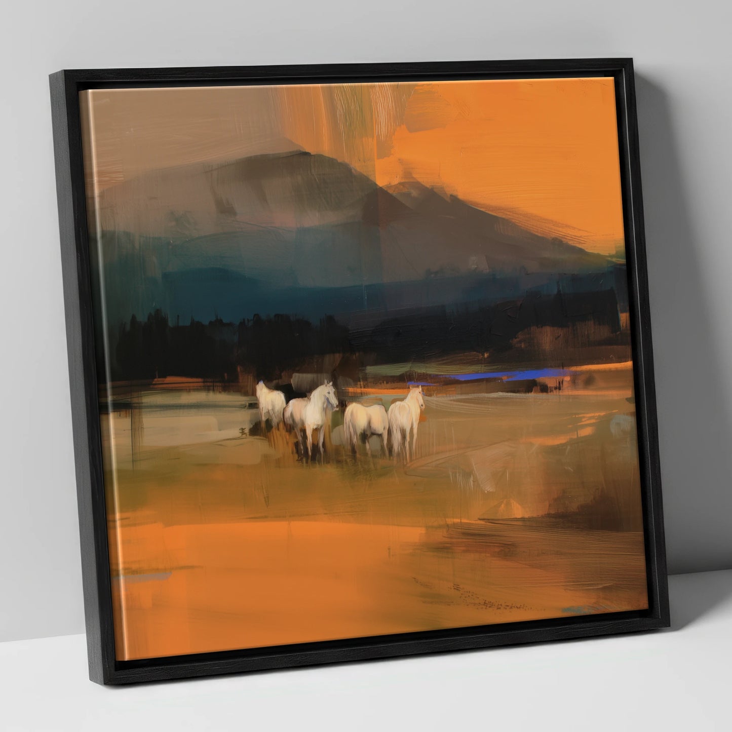 Amber Valley Greys wild horses canvas wall art in black frame