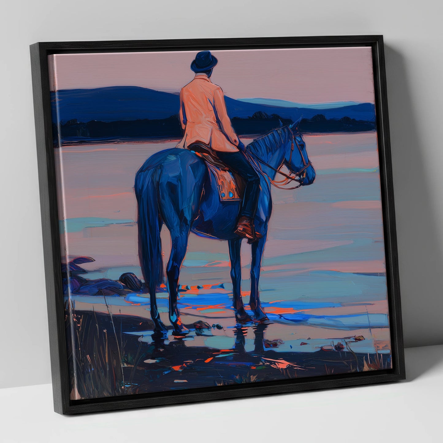 Indigo Coastal Hack beach horse canvas wall art in black frame