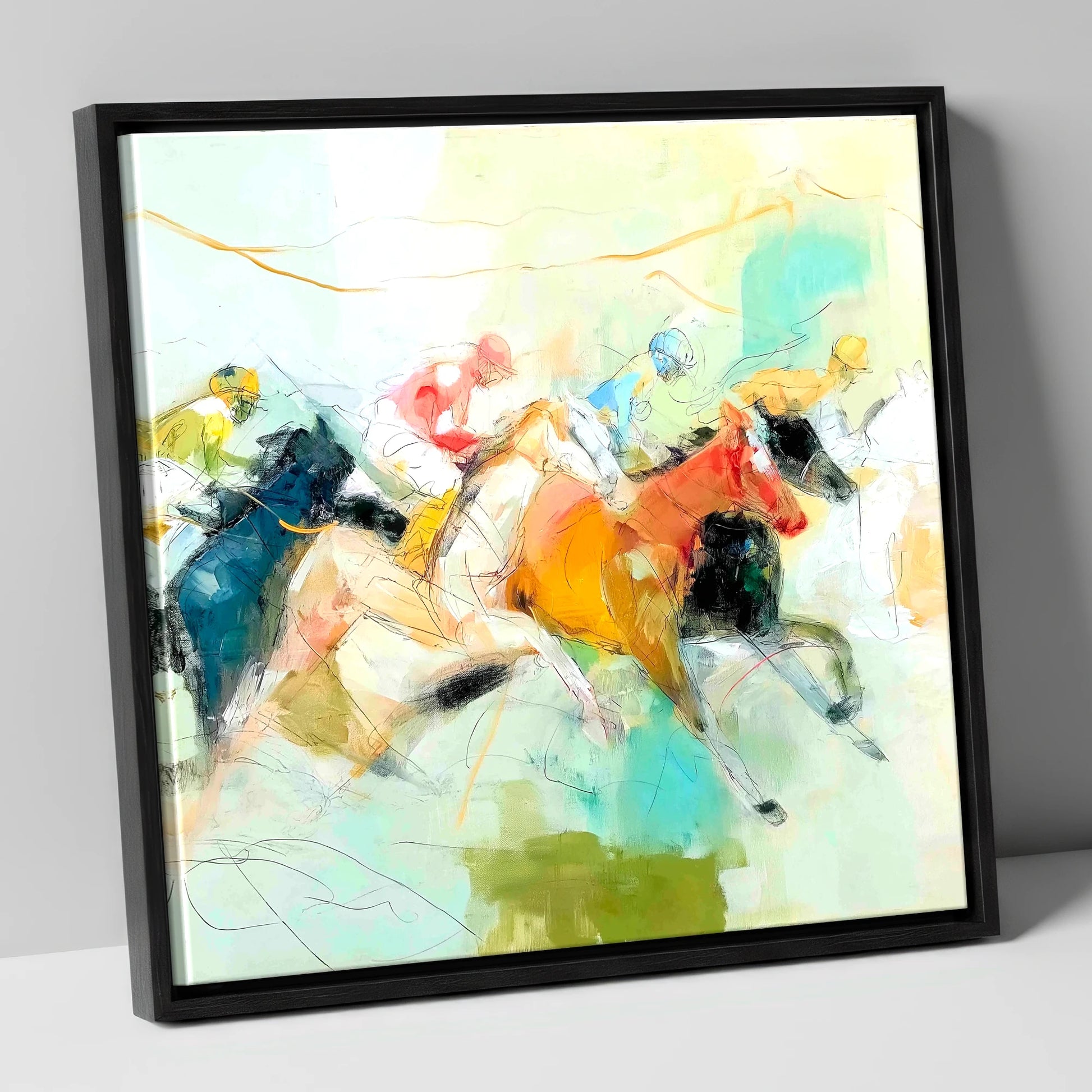 Rush to the Line racing horse canvas wall art in black frame