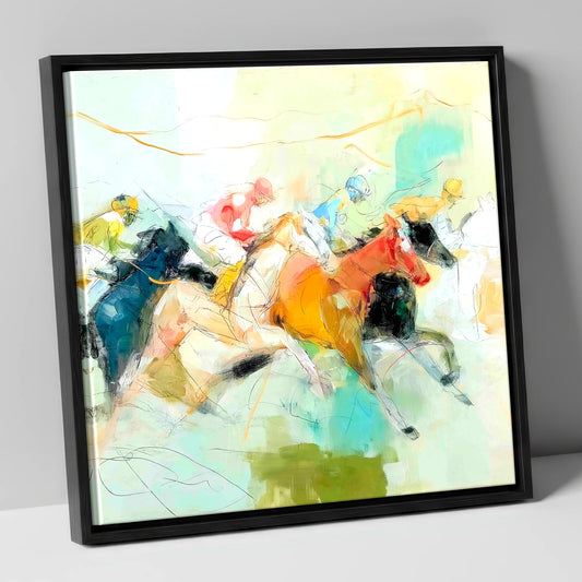 Rush to the Line racing horse canvas wall art in black frame