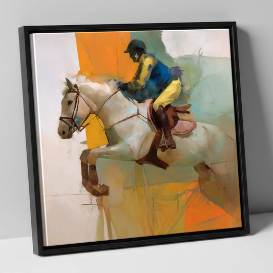 Flight in Vibrant Colour show jumping horse canvas wall art in black frame