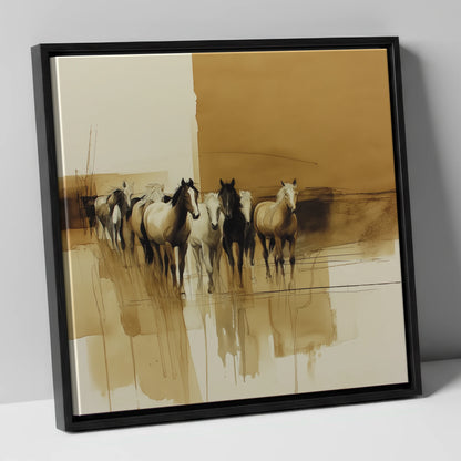 Sepia Herd Advancing wild horses canvas wall art in black frame