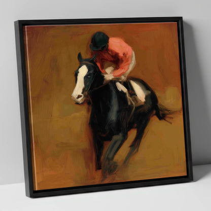 Terracotta Thunder racing horse canvas wall art in black frame