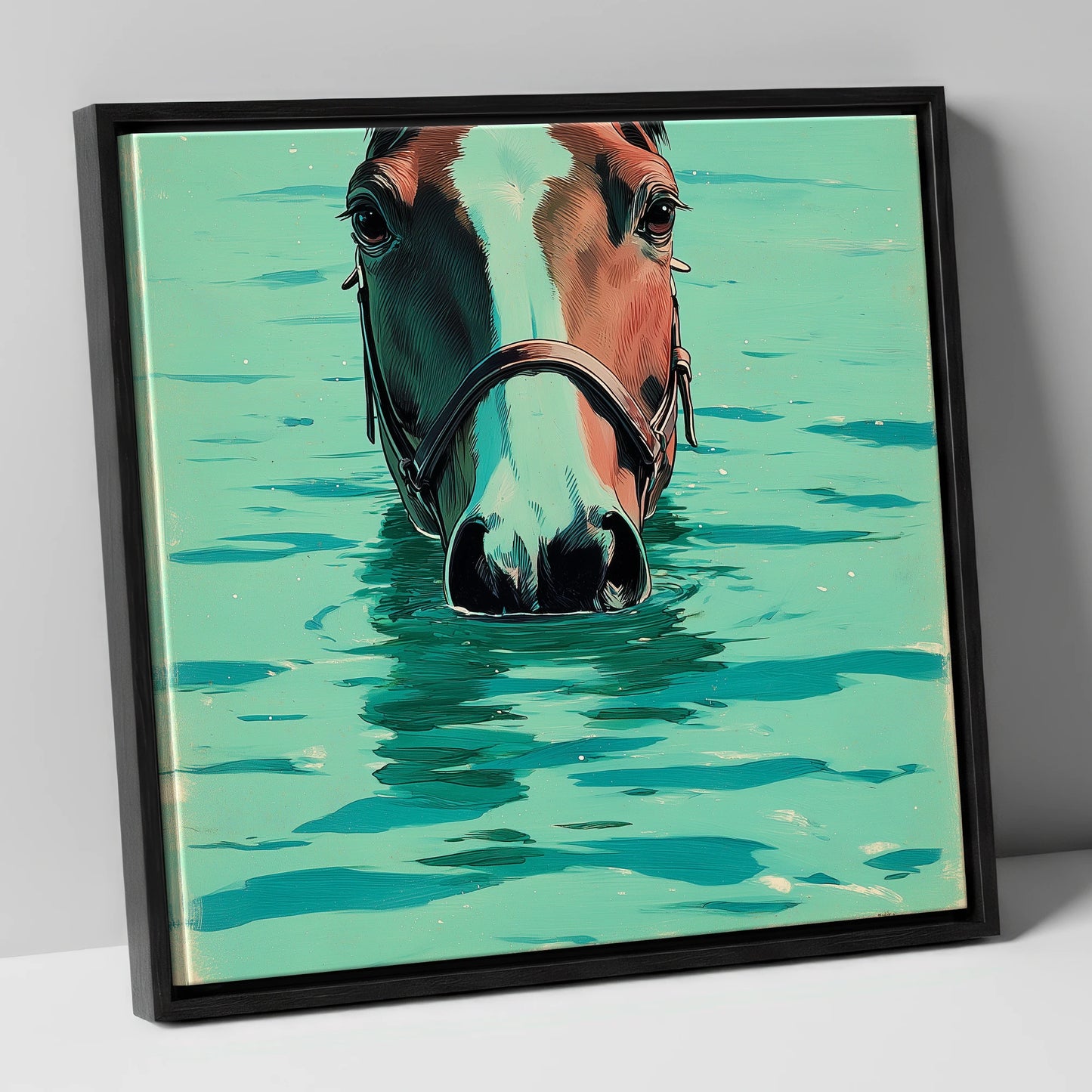Teal Water Swim beach horse canvas wall art in black frame