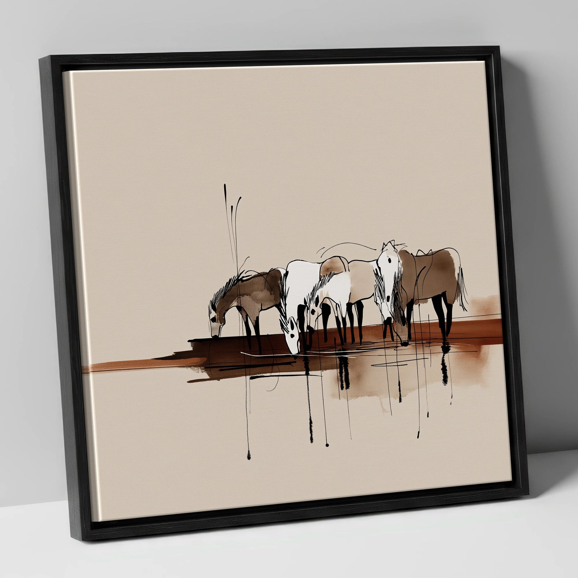 Gathering at the Water wild horses canvas wall art in black frame